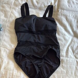 Black Women's One-Piece Swimsuit with Mesh Panels